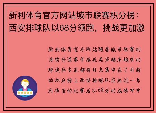 新利体育官方网站城市联赛积分榜：西安排球队以68分领跑，挑战更加激烈